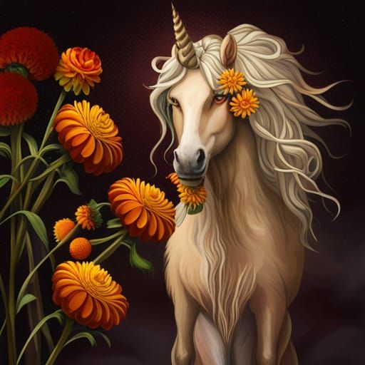 White Unicorn with Marigolds in Dreadlocks