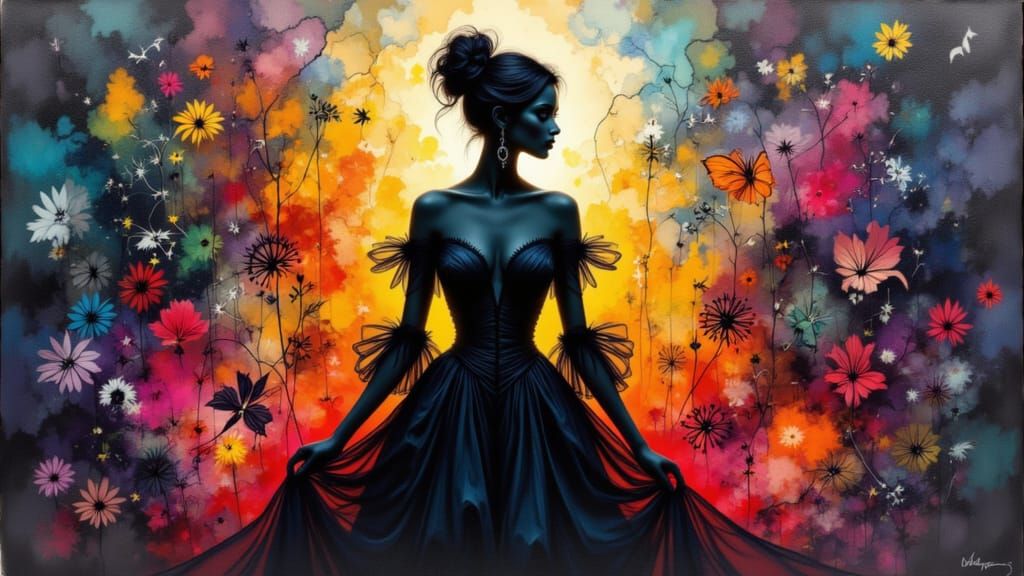 Surreal Double Exposure of Elegant Figure on Abstract Backgr...