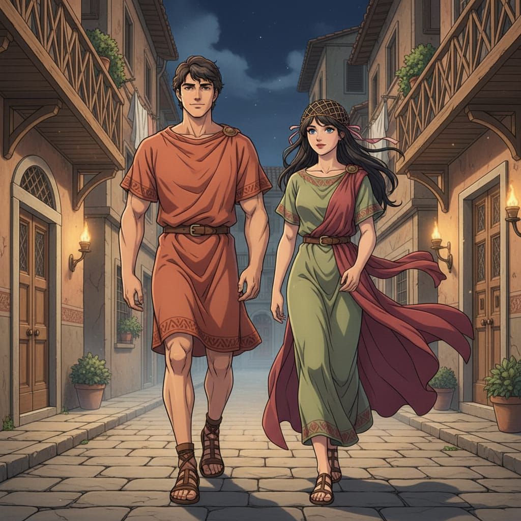 Roman Couple in Ancient Suburra Street, Anime Style
