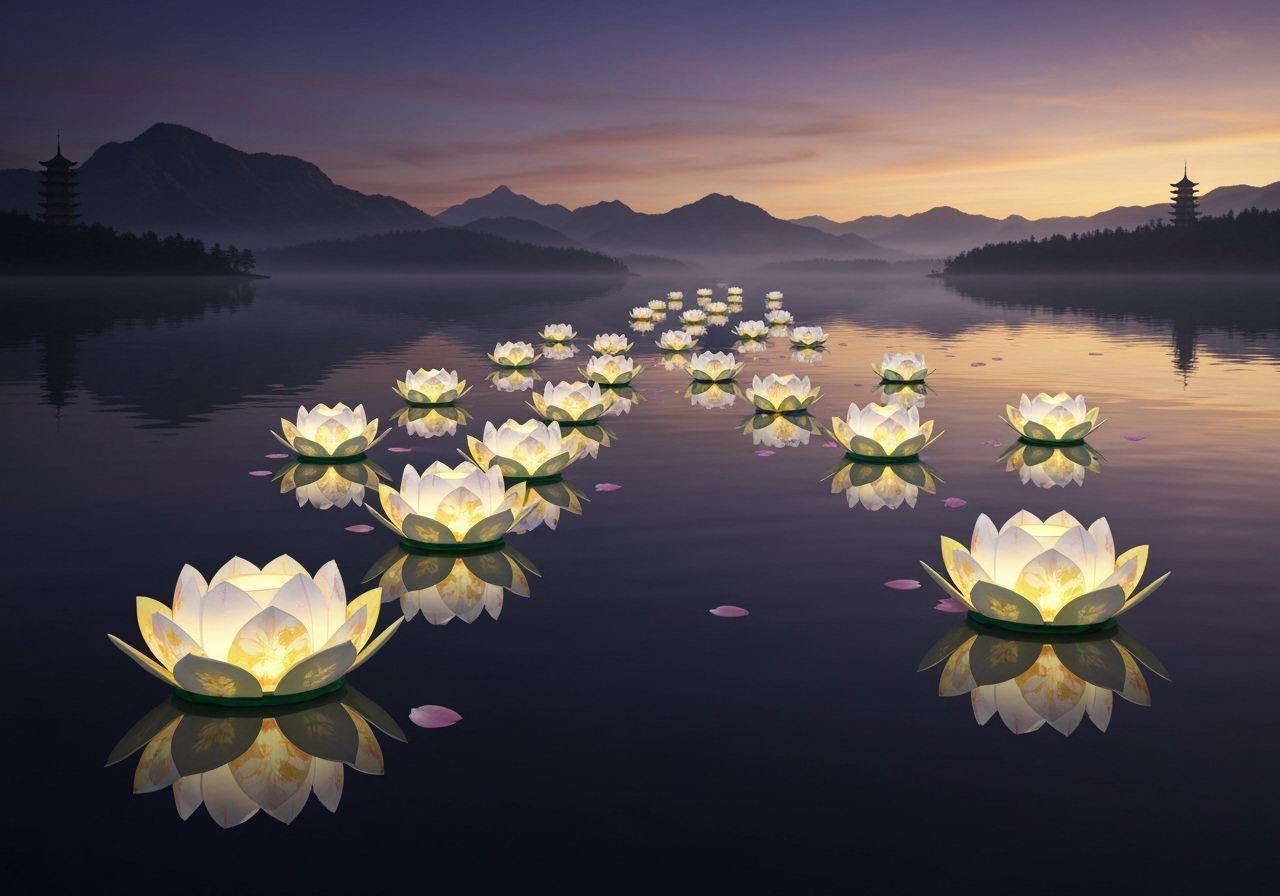 Lotus Lanterns Drift on Serene Mountain Lake at Twilight