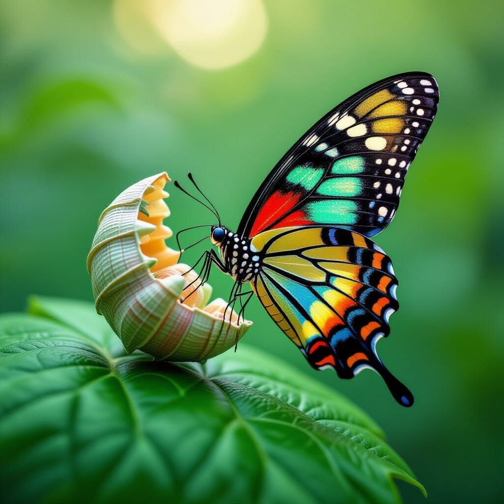 Butterfly Emerges: 3D Macro Scene with Neon Accents