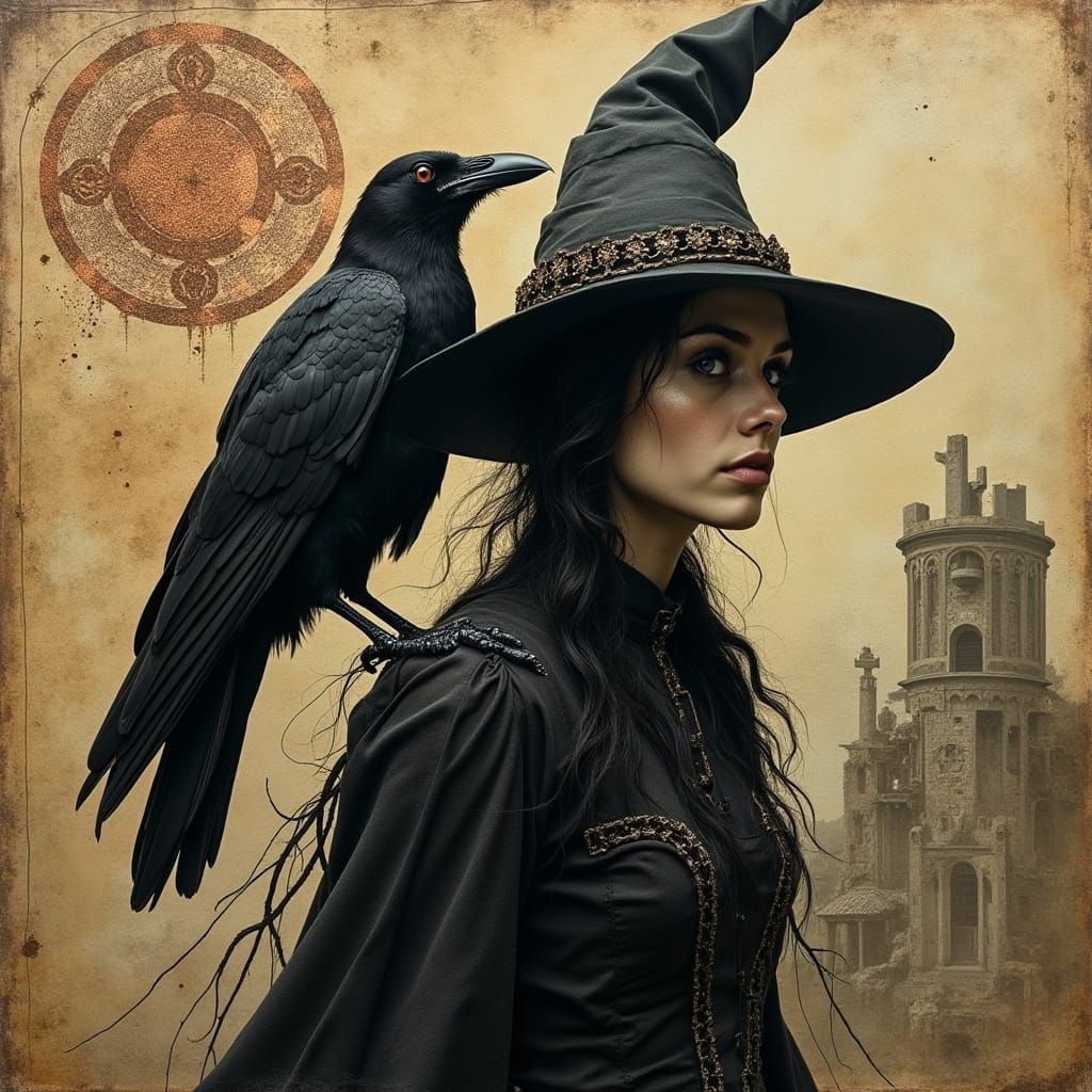 Black Witch Portrait with Raven in Ruined City