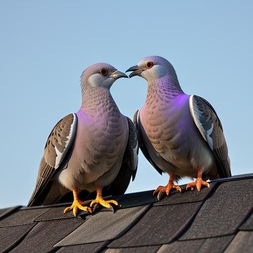 Wood Pigeons Kissing on Rooftop in Fairytale Scene