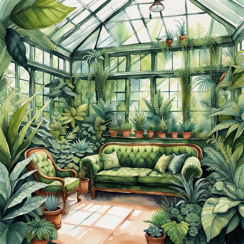 Green Fairy in Lush Indoor Greenhouse, Botanical Illustratio...