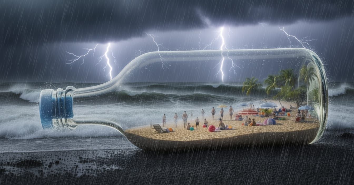 Miniature Beach Party Inside Glass Bottle on Sandy Shore