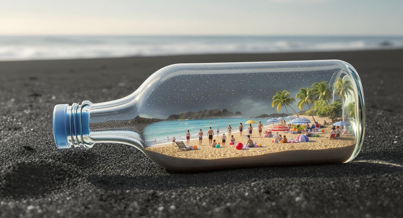 Hyperrealistic Miniature Beach Scene in a Bottle