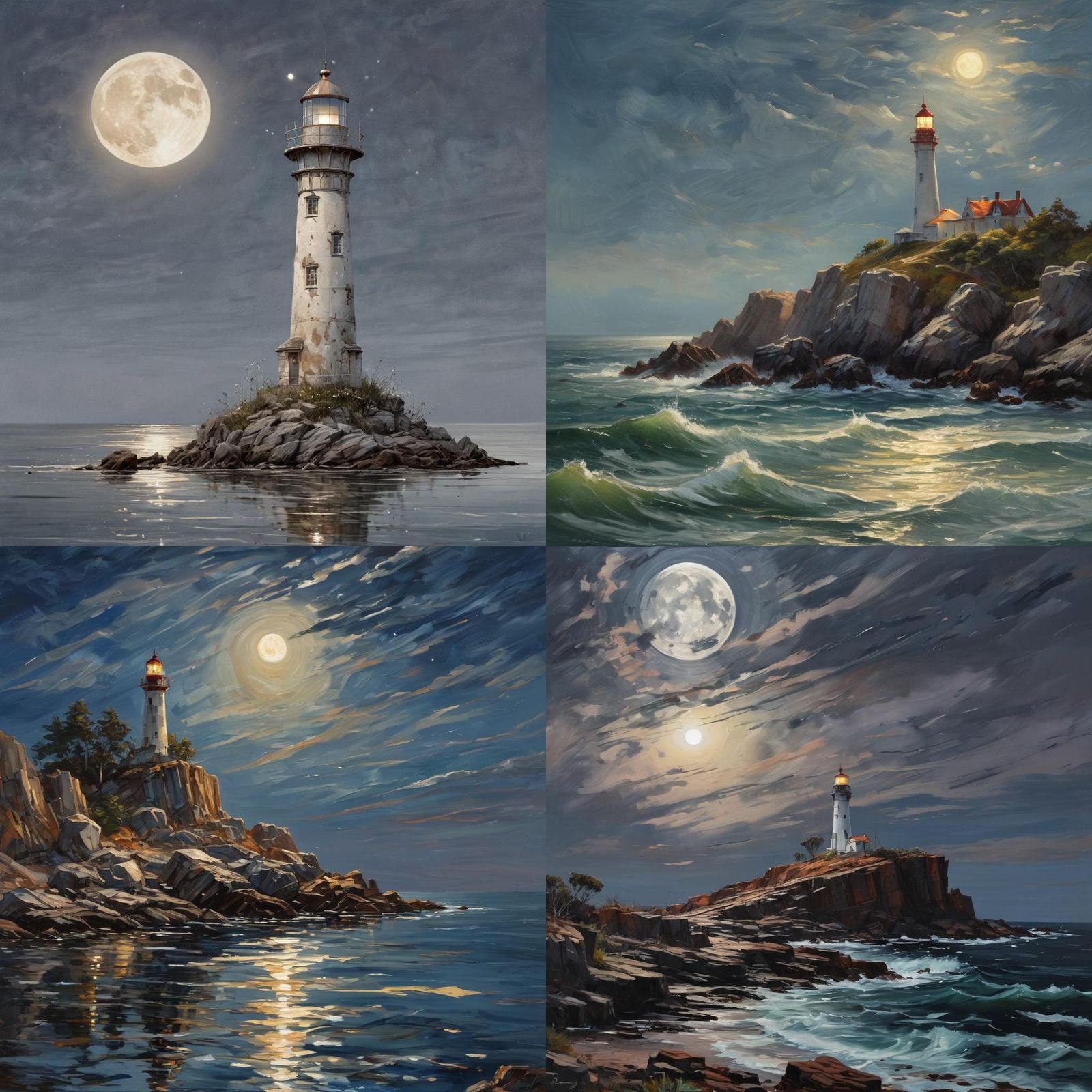 Island Lighthouse Under Moon in Naive Art Style