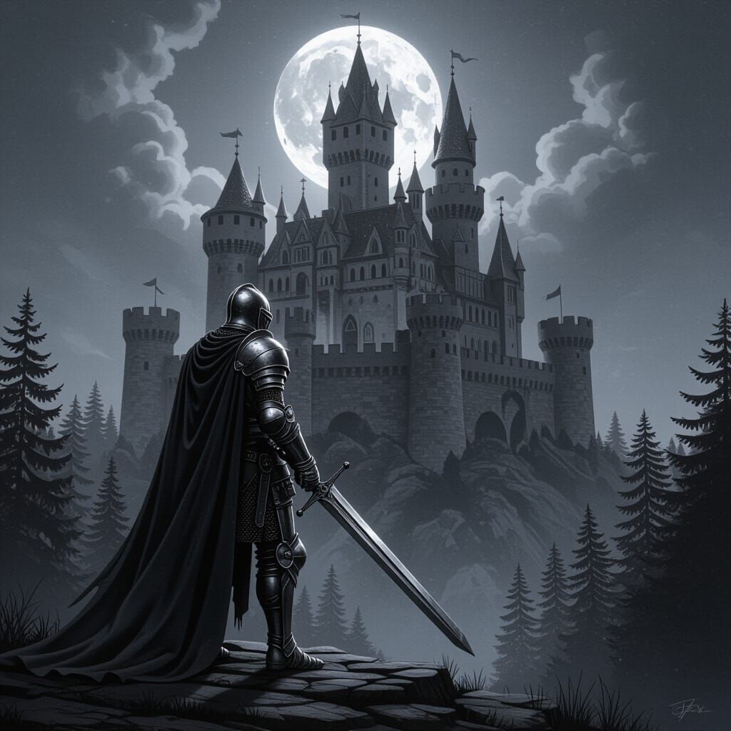 Knight Stands Guard Before Castle: Pencil Sketch