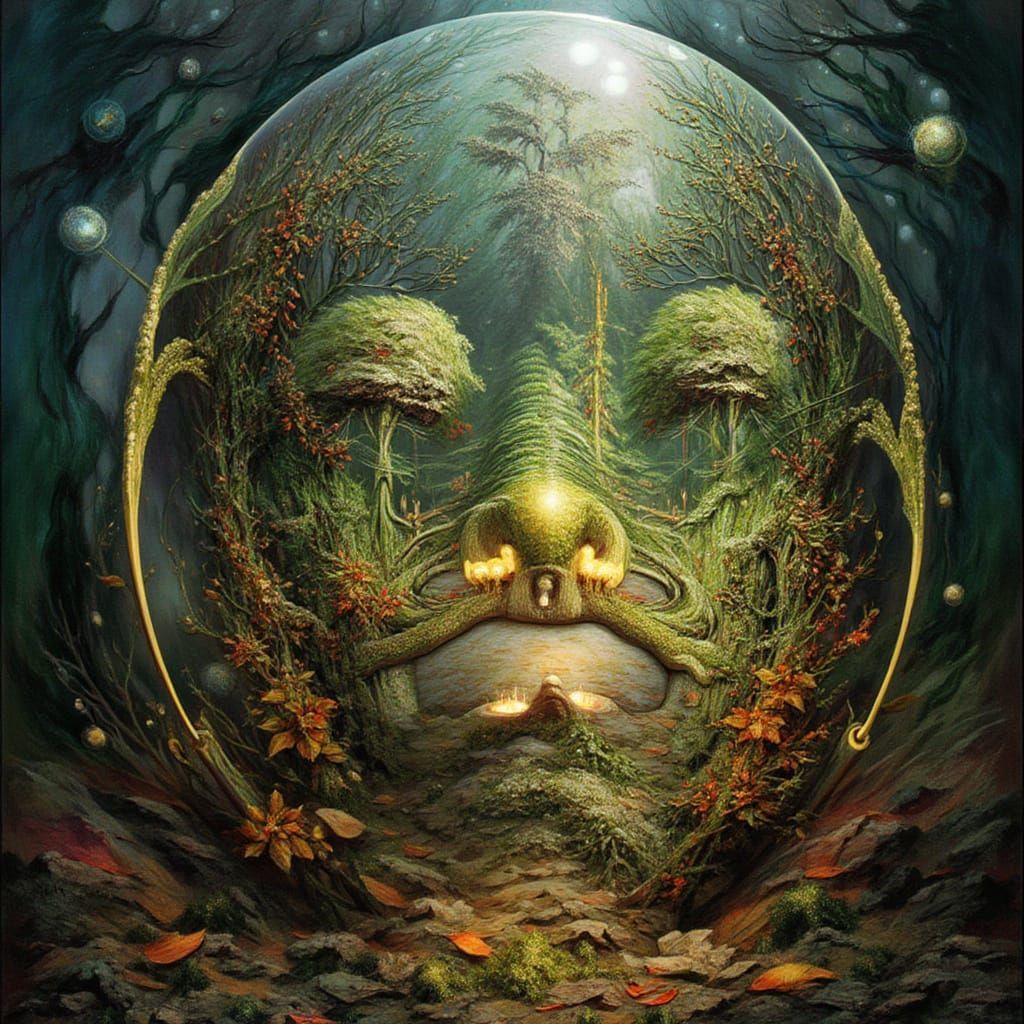 Giant Fractal Flowers in Magical Autumn Portal