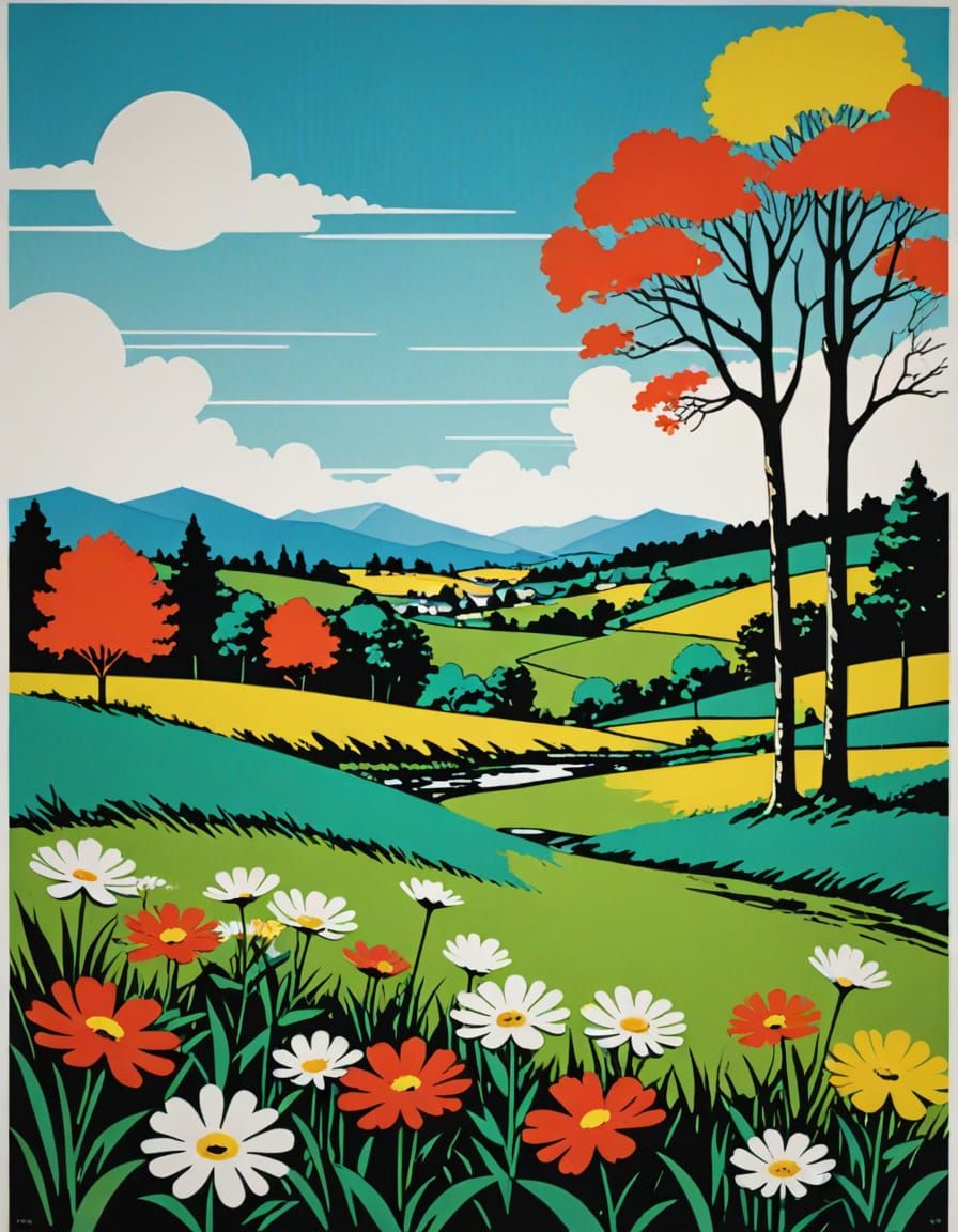 Vibrant Bauhaus Spring Landscape in Pop Art Style