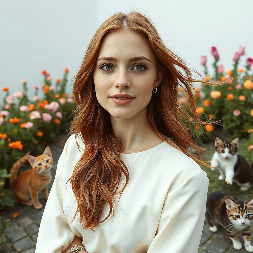 Serene Woman in Glitch Art Garden with Kittens