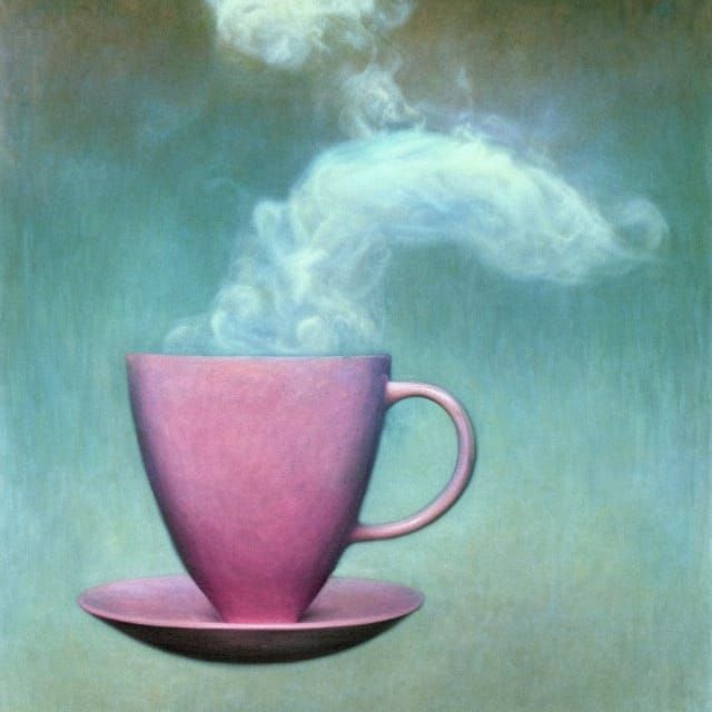 Surreal Steaming Coffee Cup: Oil Painting
