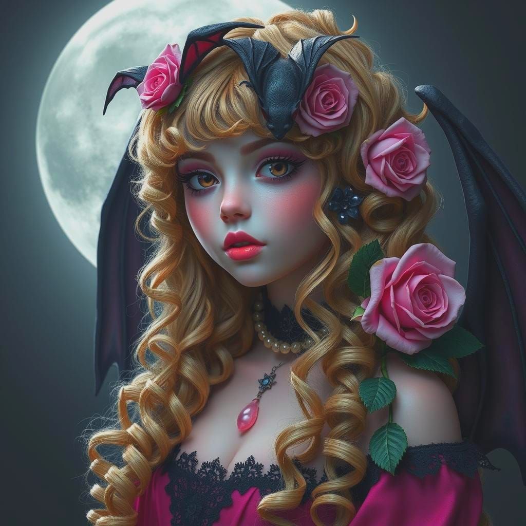 Gothic Girl with Bat Wings and Moon
