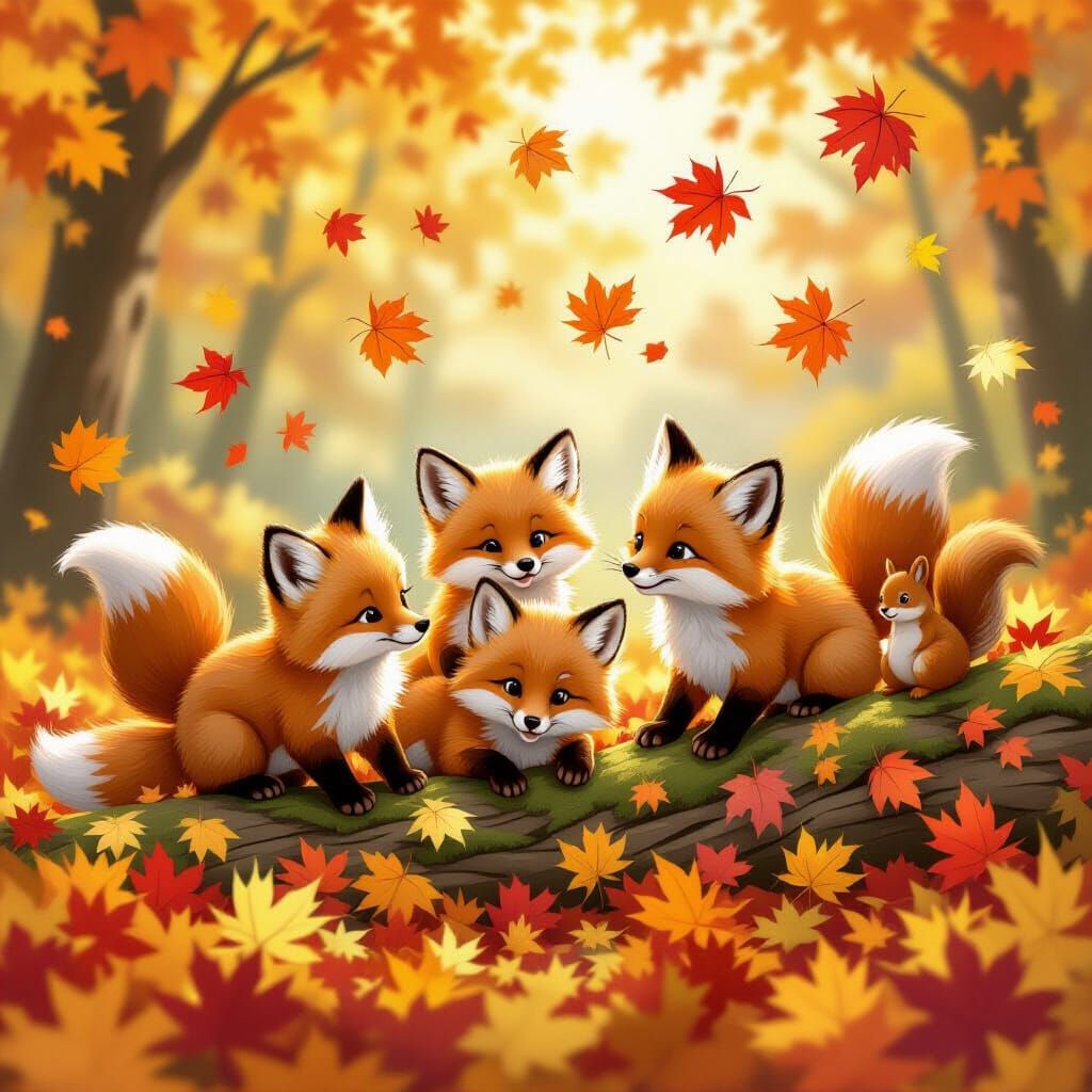 Fluffy Fox Cubs Play in Autumn Leaves