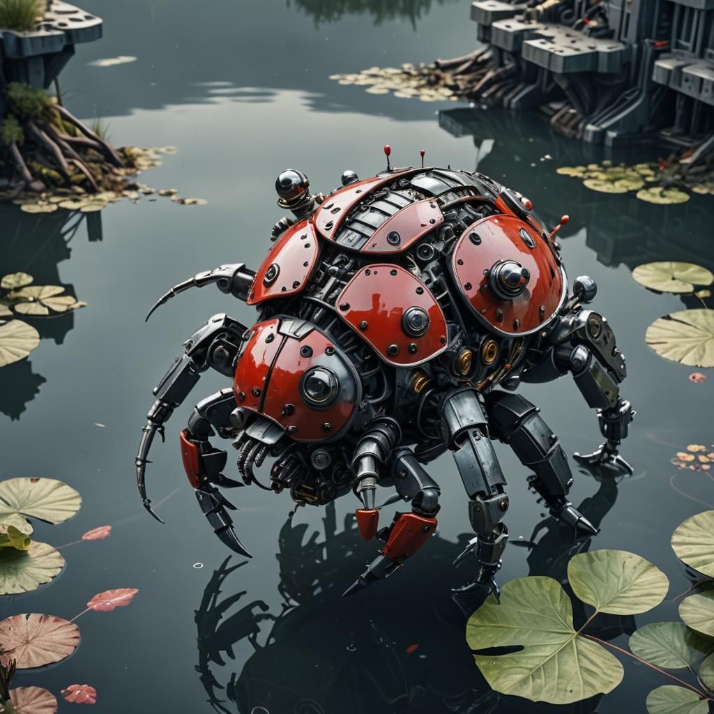 Hydraulic Ladybug in Futuristic Lake, Hyperrealistic