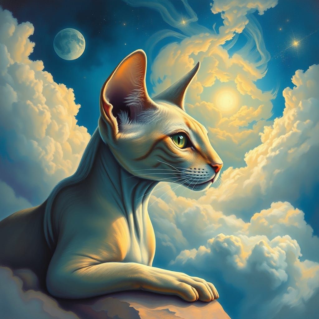 Surreal Sphynx Cat Dreamscape in Blue and Yellow