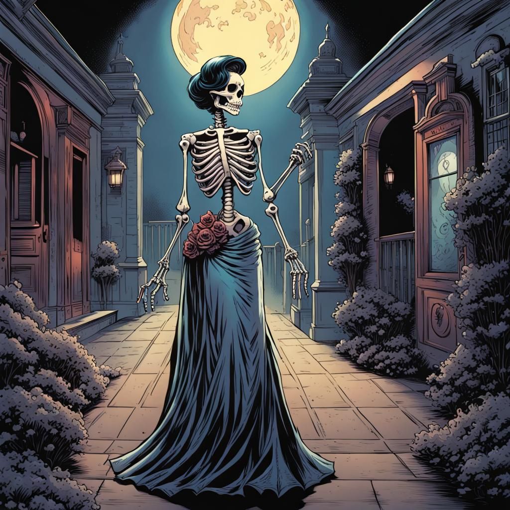 Pinup Skeleton at Midnight Ball in Comic Art Style