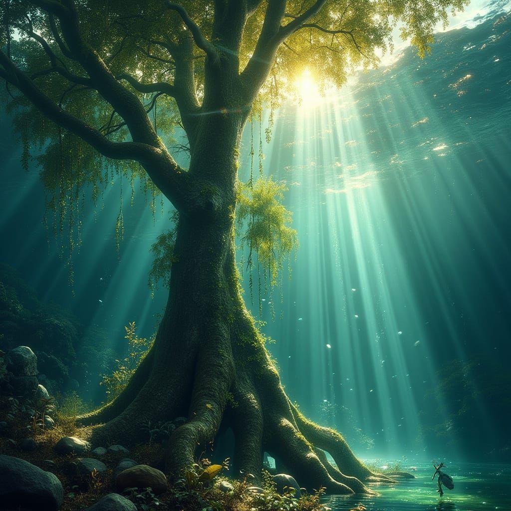 Surreal Underwater Tree Reaching for Sunlit Surface
