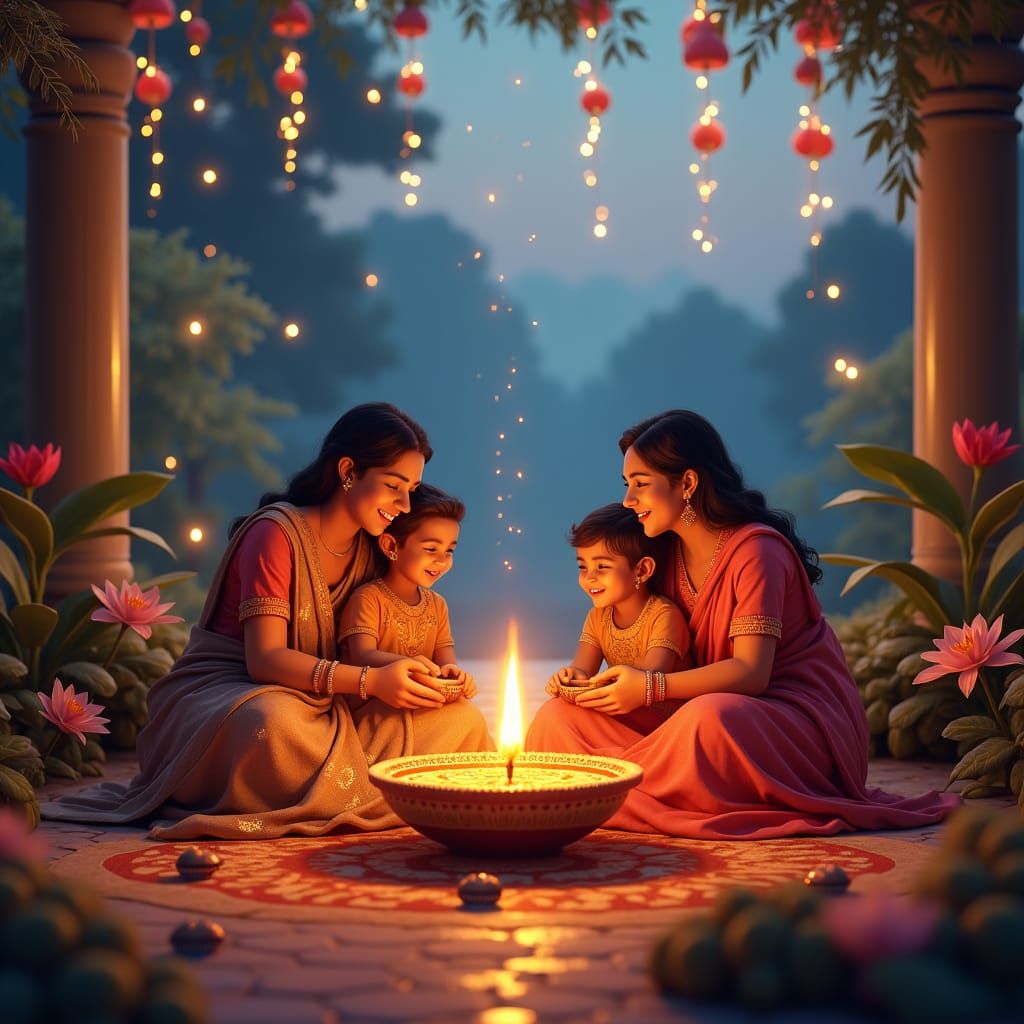 Warmly Lit Diwali Family Celebration Under Fireworks