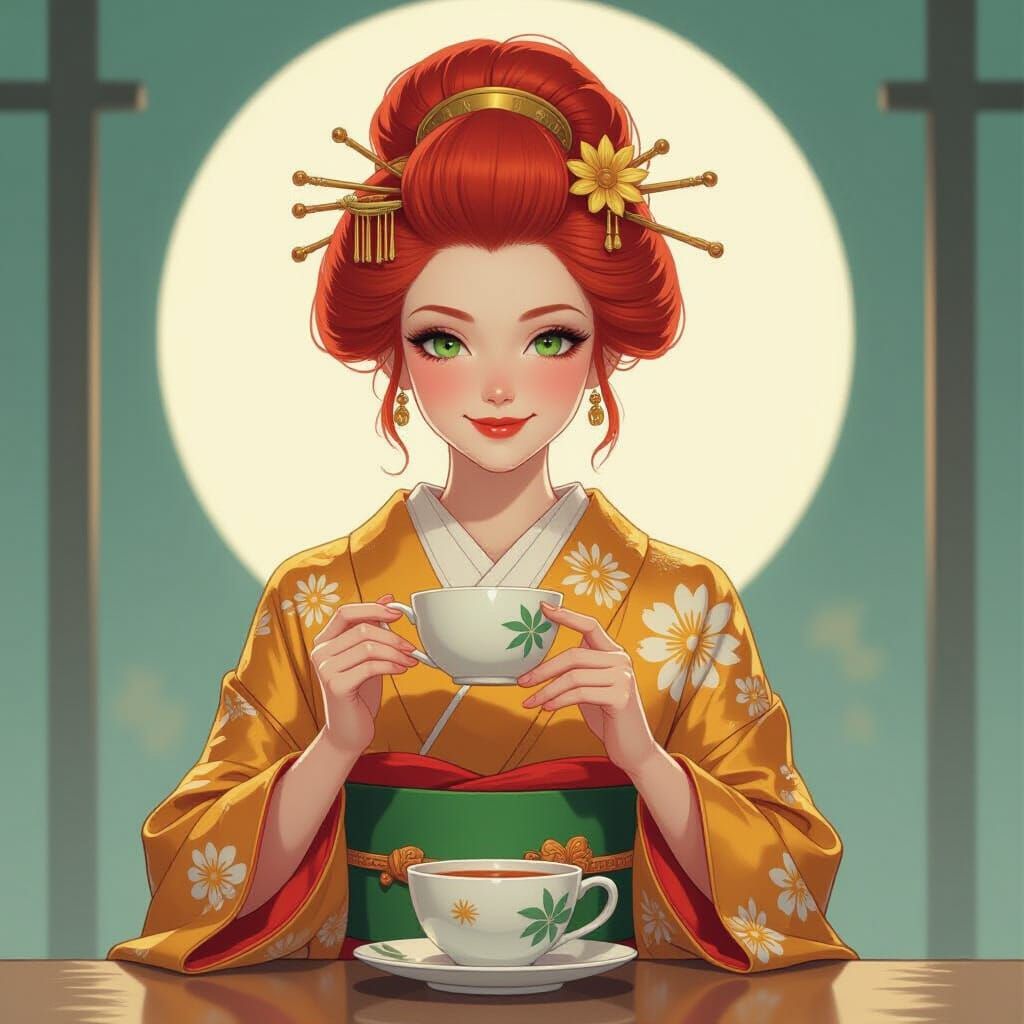 Geisha Enjoying Tea in Watercolor Style