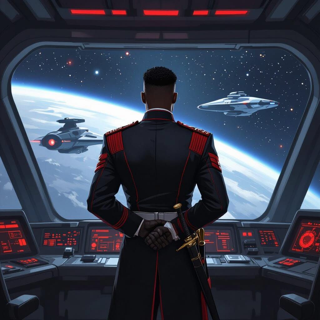 Space Admiral Stands on Starship Bridge, Sword Visible