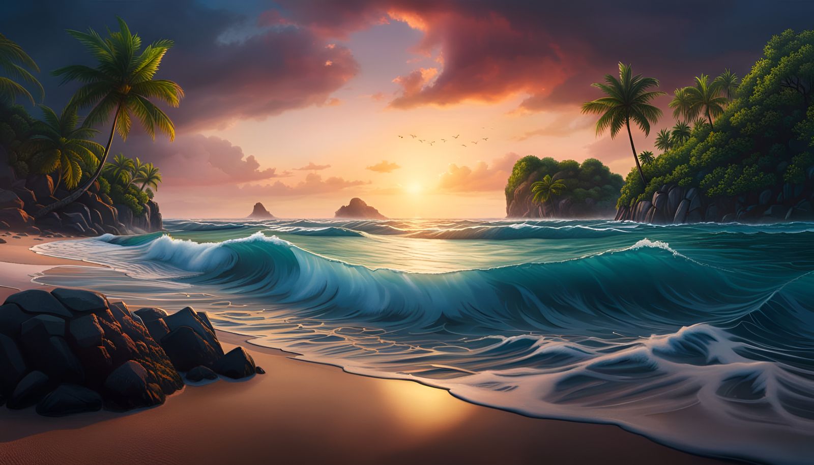 196-Beautiful Tropical Island Beach With Large Crashing Waves and A Sunset and Dramatic Sky -1313-NC-Epic-P