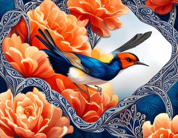 Floral Diamond Frame with Bird Illustration