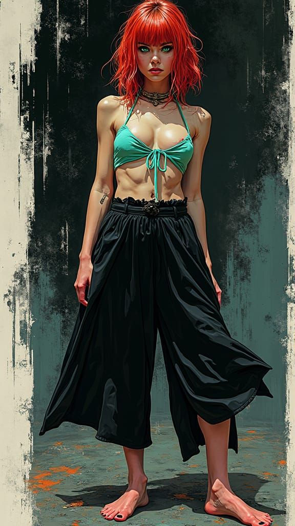 Woman with emerald green eyes and auburn hair, halter top with culottes, barefooted