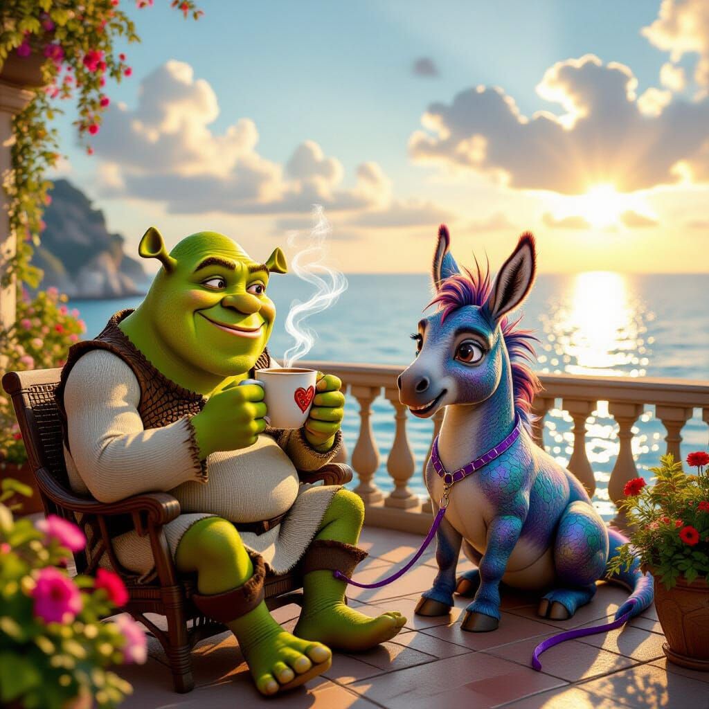 Shrek Enjoys Coffee and Love Strawberry by the Sea with Drag...