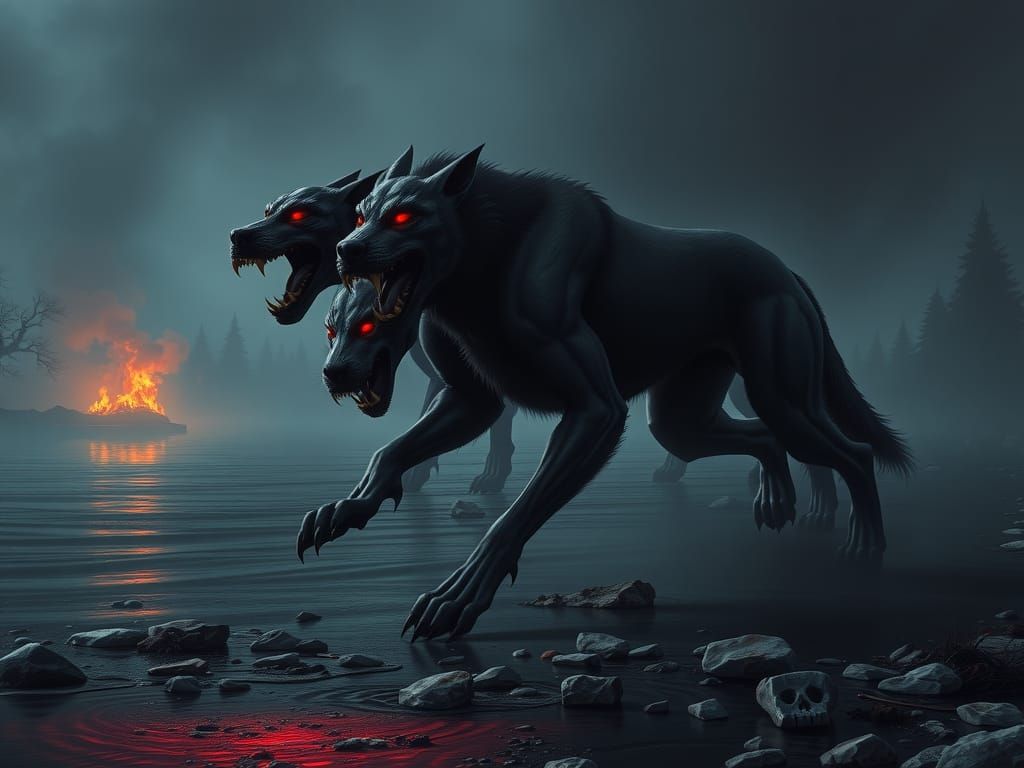 Cerebos, the three-headed hound guardian of the Underworld, ...