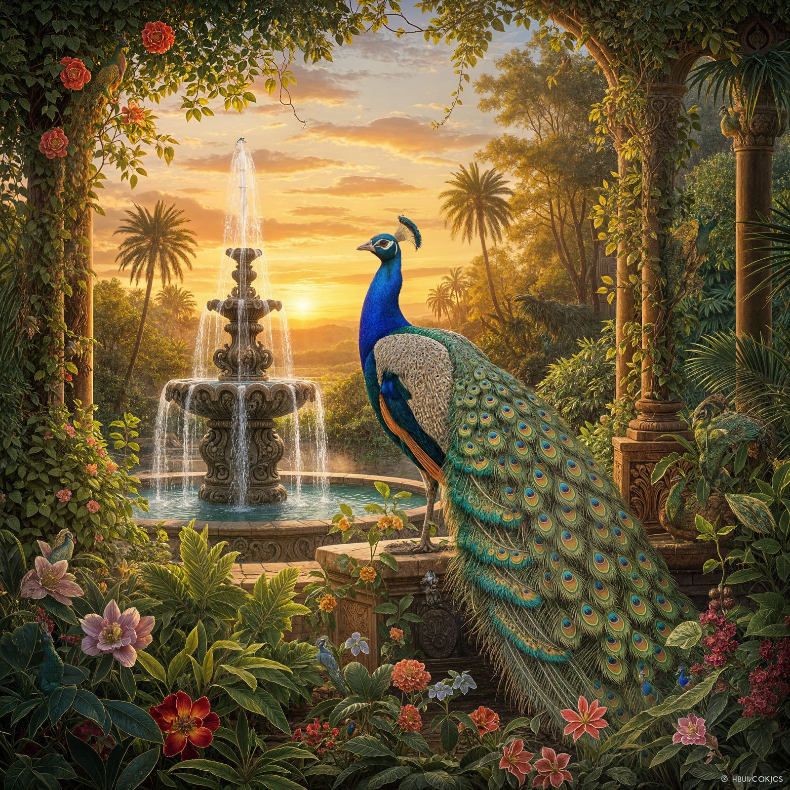 Male Peacock in Exotic Garden at Golden Hour