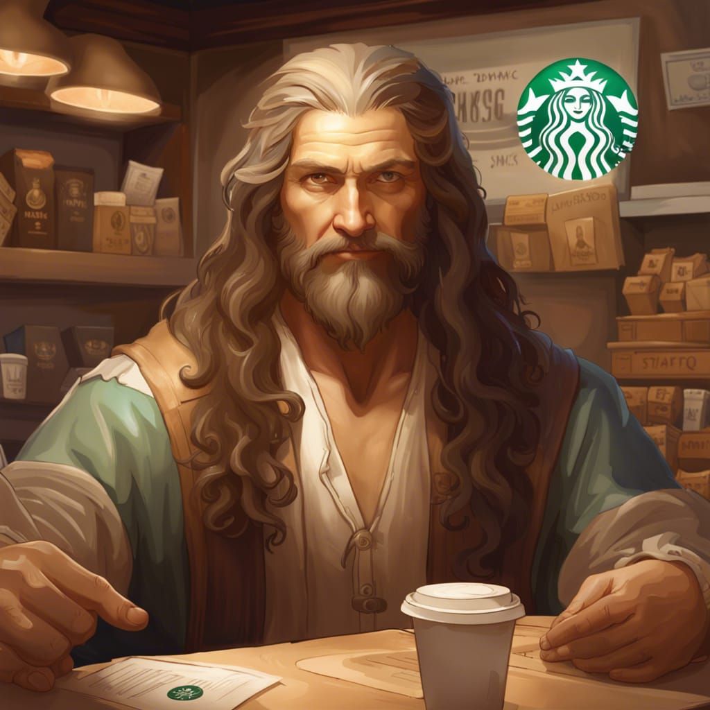 Leonardo da Vinci working at a Starbucks coffee shop