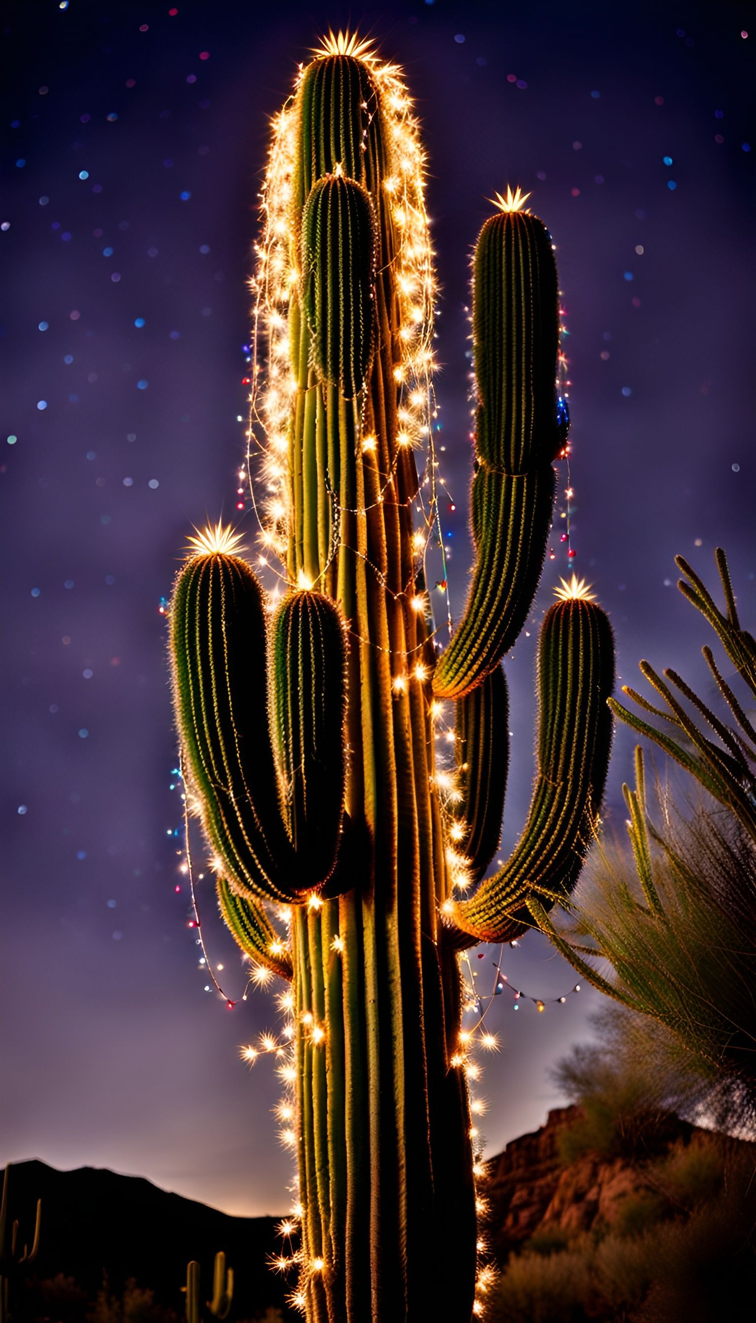 Festive Saguaro Cactus Aglow with Christmas Cheer