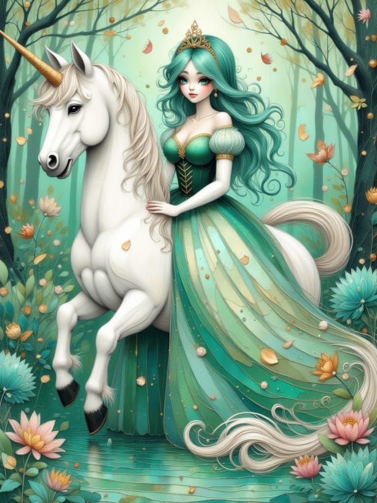 Anime Princess Rides Unicorn in Enchanted Forest