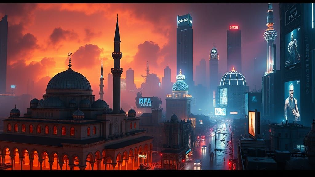 Cyberpunk Cityscape with Islamic Architecture