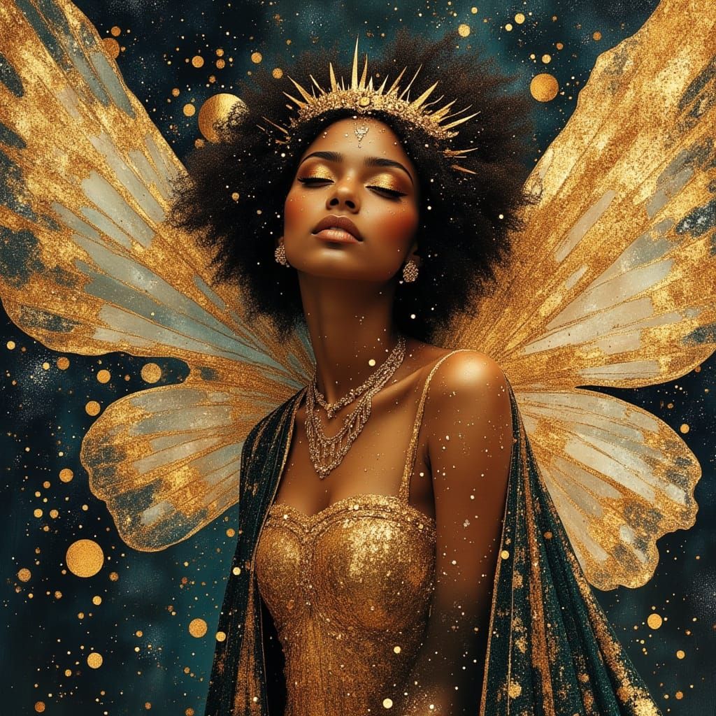 Stunning Black Fairy with Cosmic Hair in Divine Oil Style