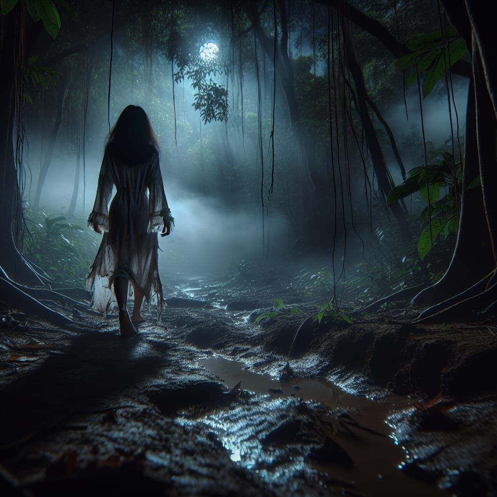 Woman Wandering Through a Misty Jungle at Night