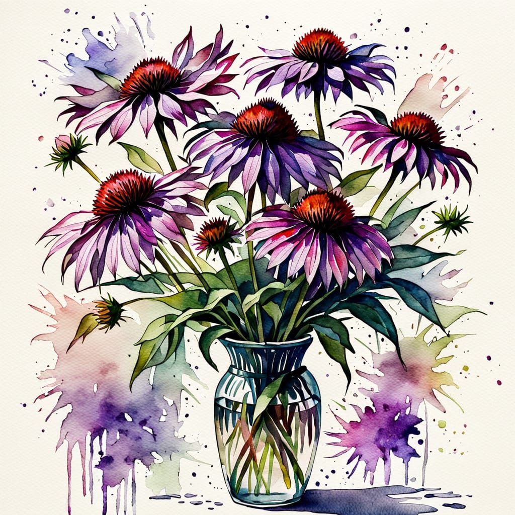 Vibrant Watercolor Echinacea Bouquet in Textured Vase