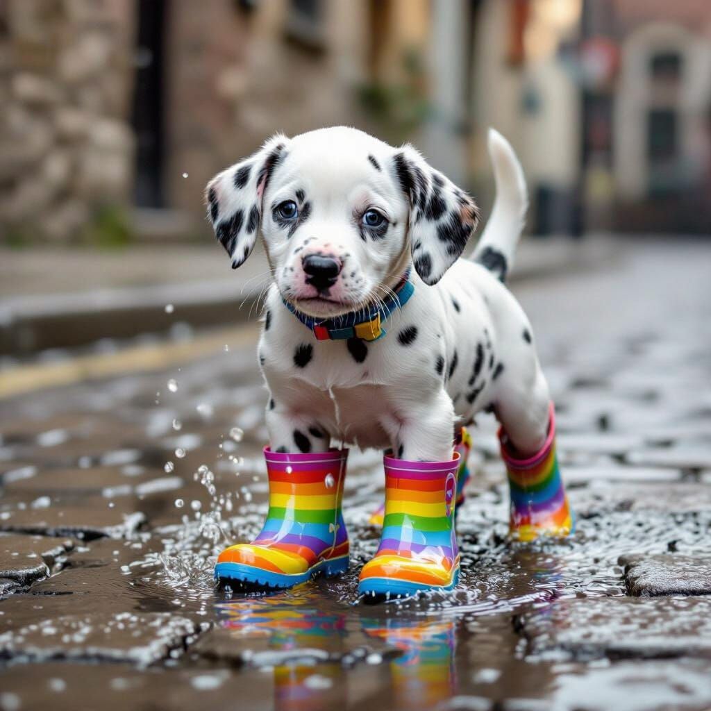 Dalmatian Puppy Splashing in Puddles with Rainbow Boots