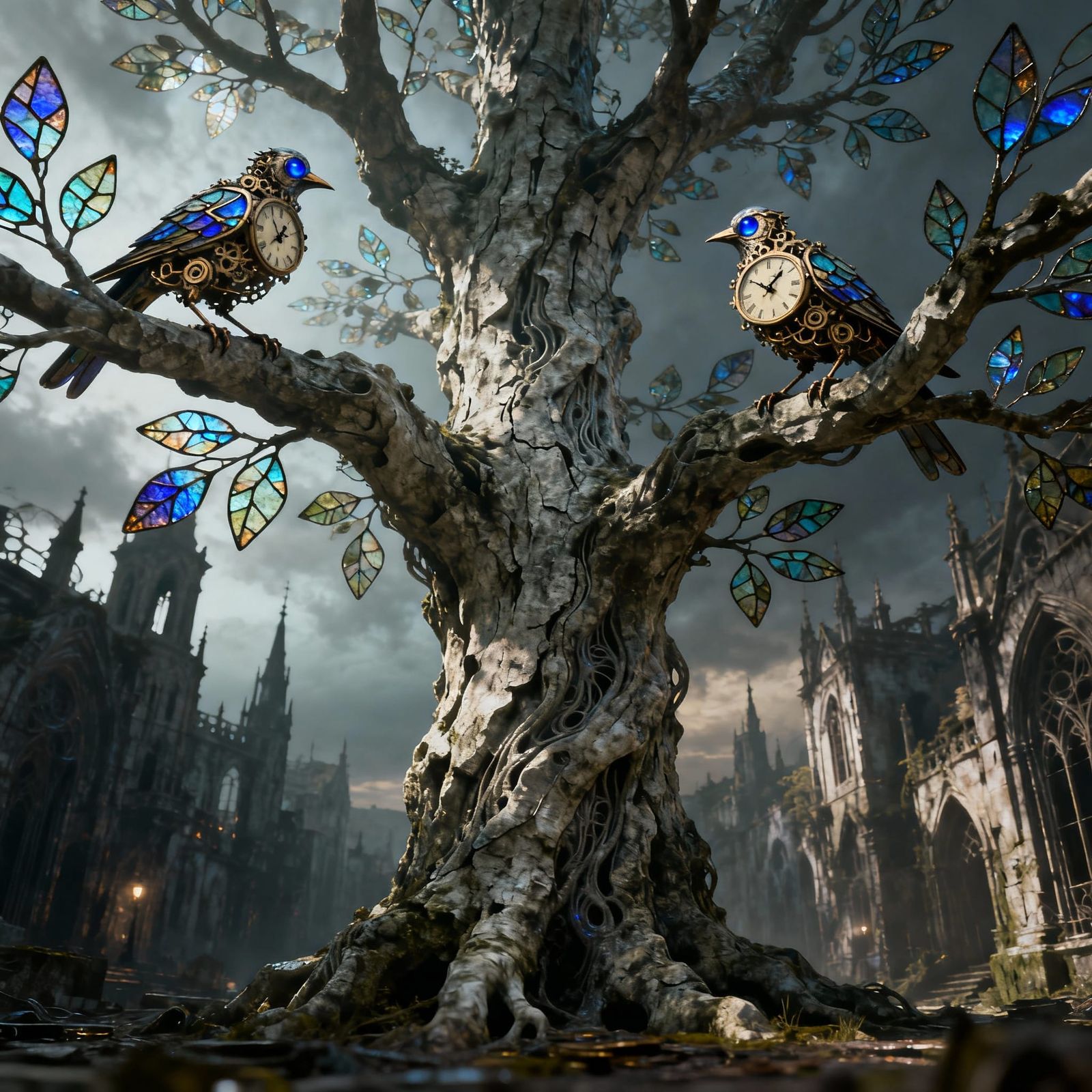Ancient Tree in Gothic City with Clockwork Birds