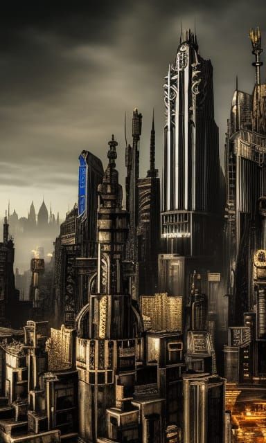 Surreal Steampunk Gotham Cityscape at Twilight