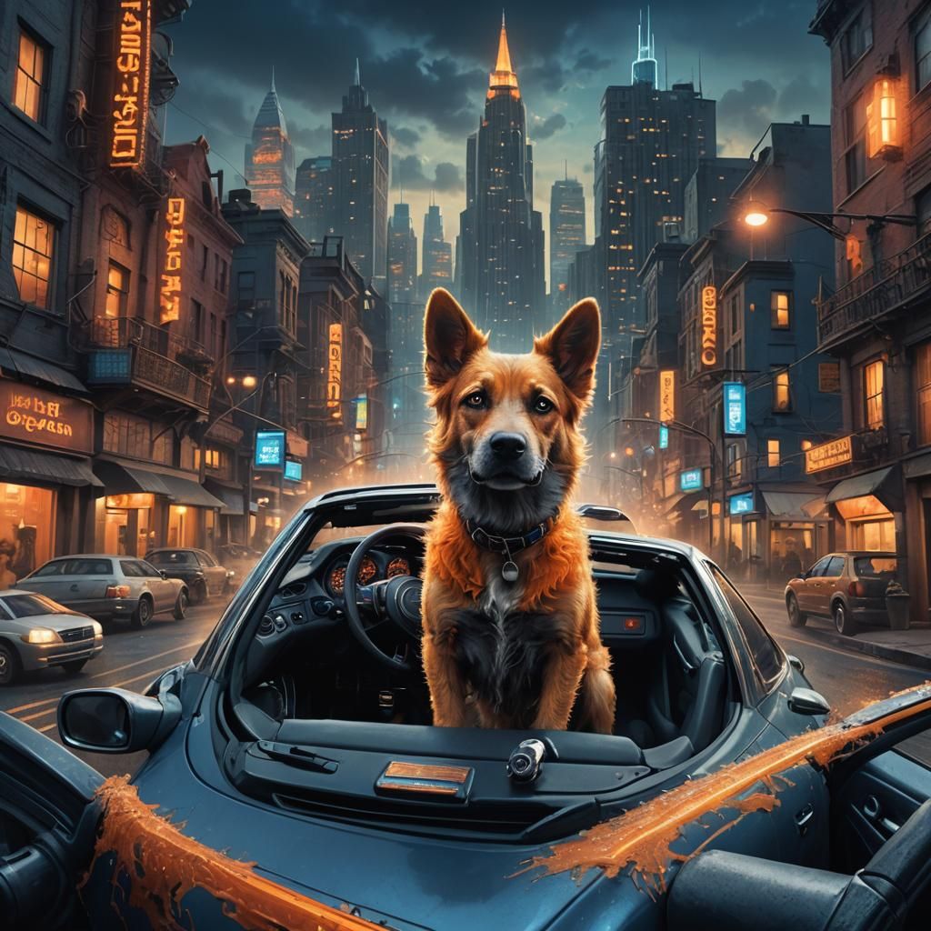 Dog Driving Car Through Cityscape Concept Art