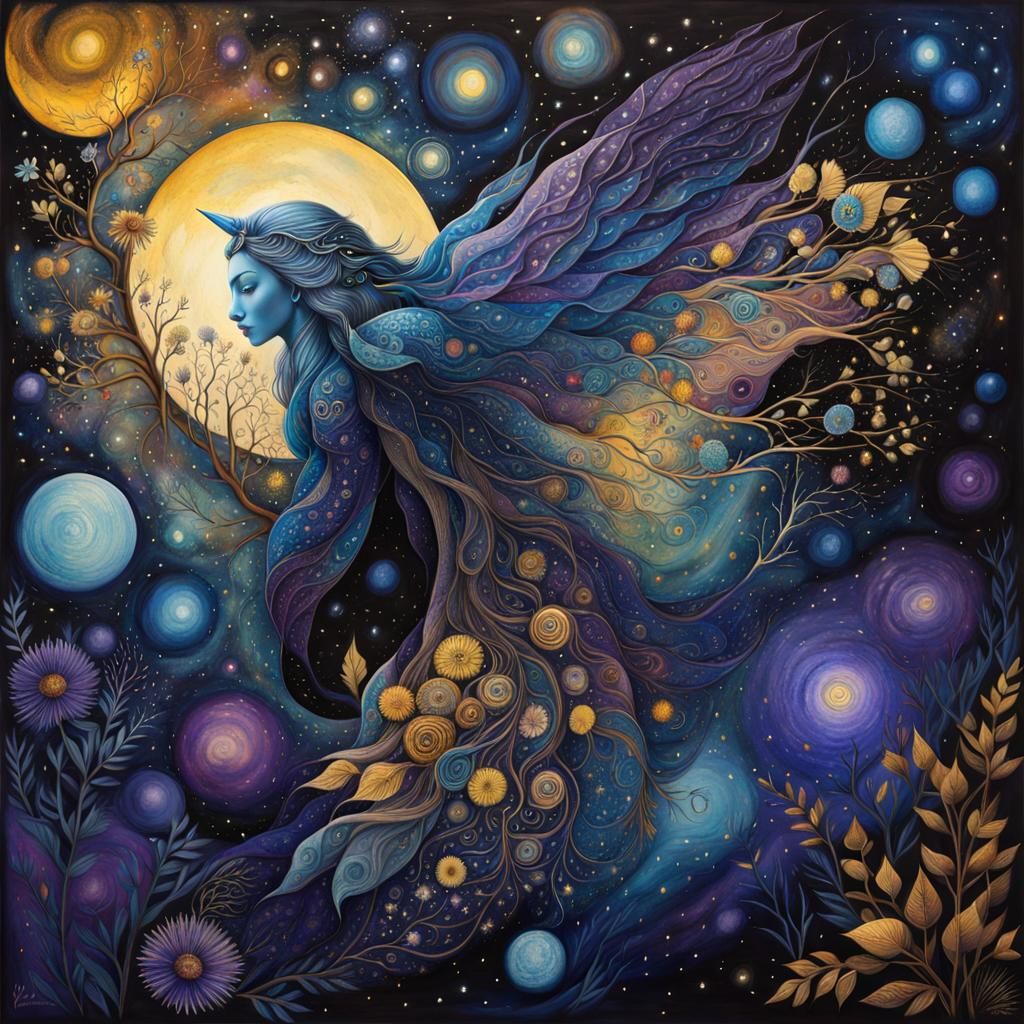 Mysterious Woman in Cosmic Forest: Mixed Media Collage