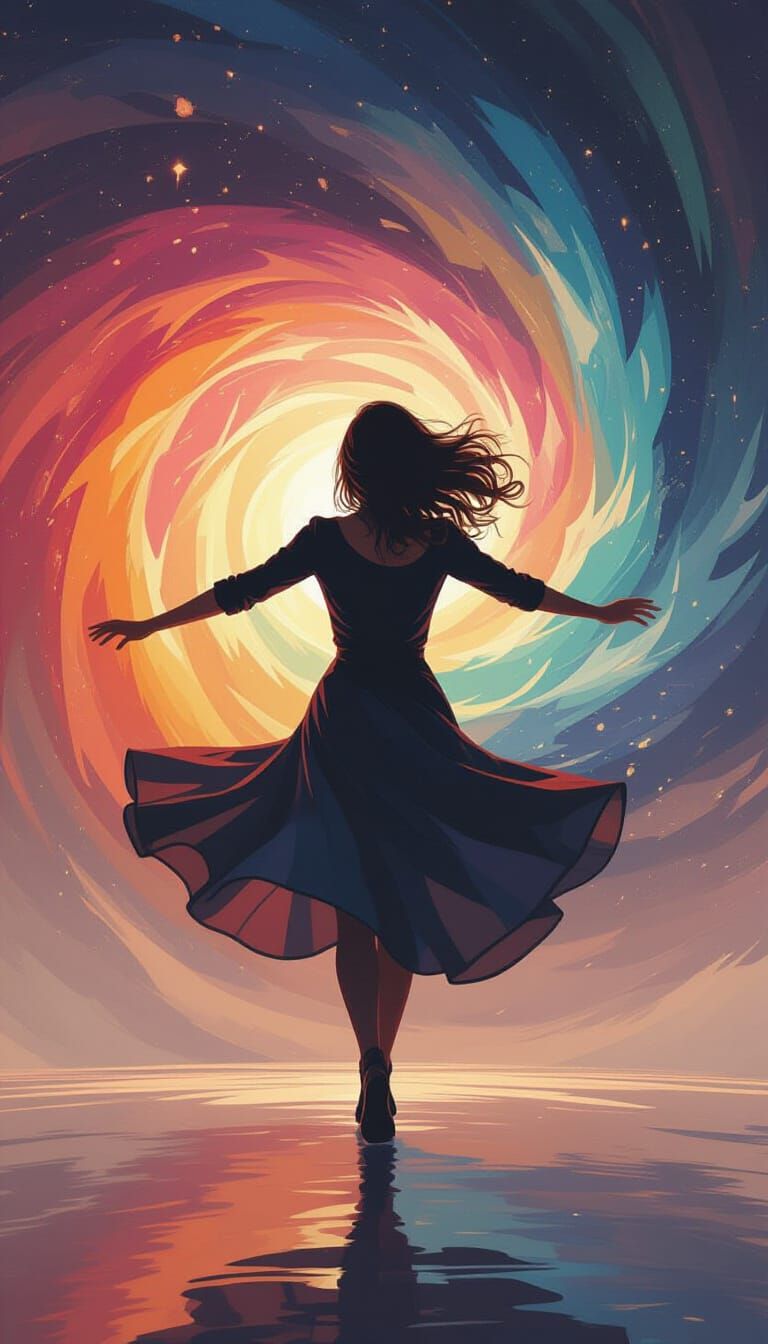 Woman in Dynamic Pose Against Cosmic Swirl
