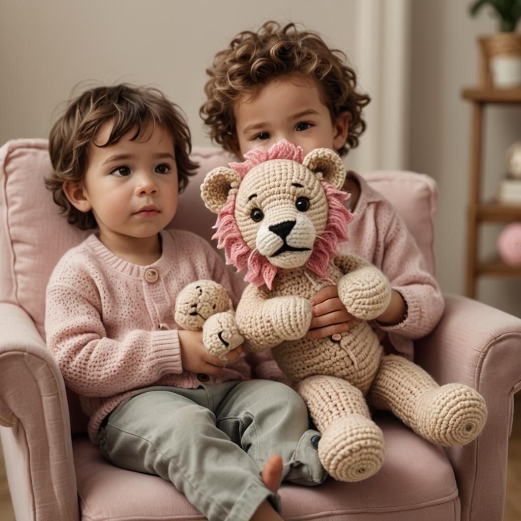 Boy with Crochet Lion Plush in Digital Art