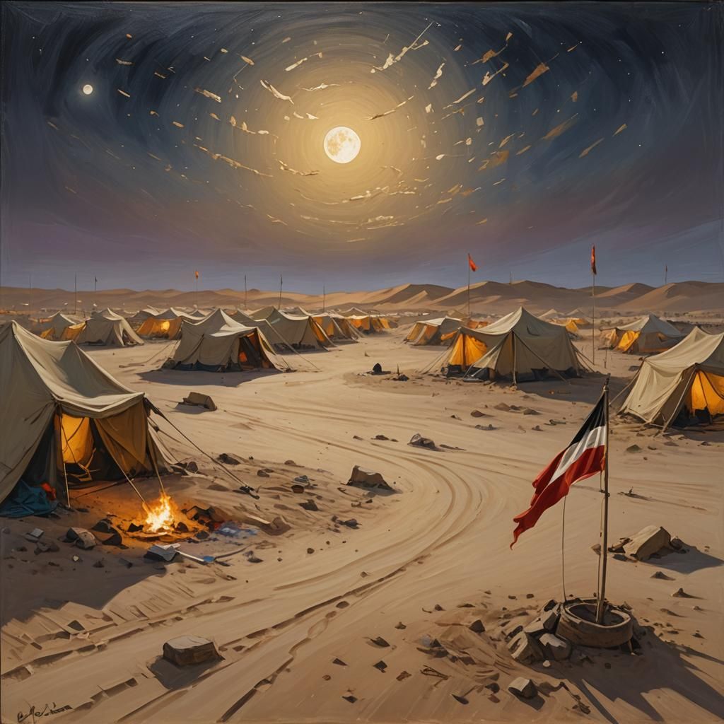 Desert Encampment at Night in Impressionist Style