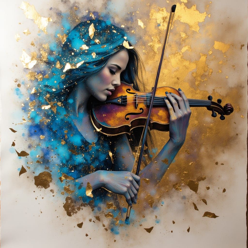 Violin Musician with Floating Music Fragments