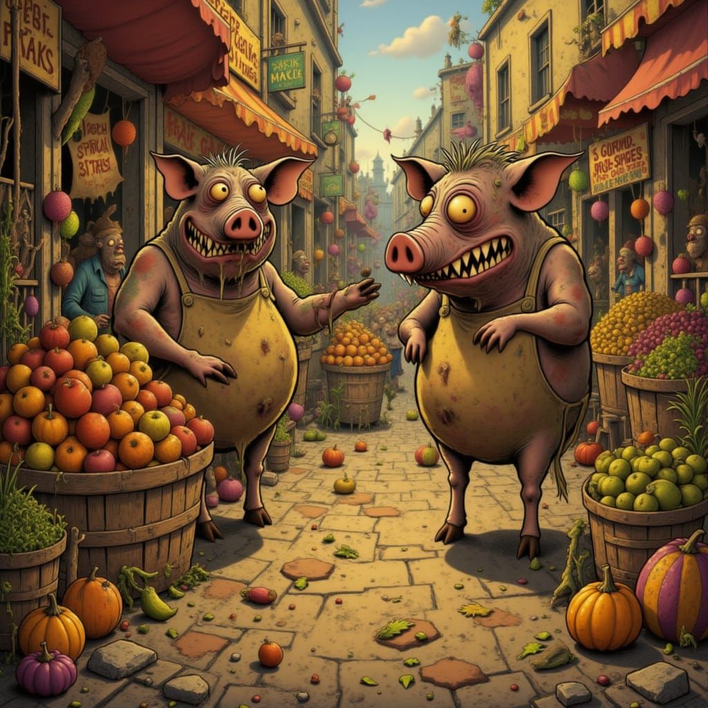 Anthropomorphic Pigs Sell Produce in Oil Painting Market Sce...