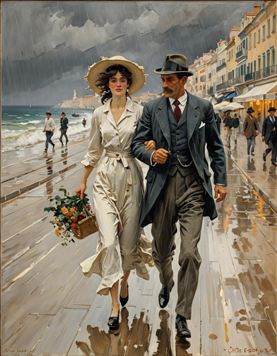 Rainy promenade in the style of Joaquín Sorolla