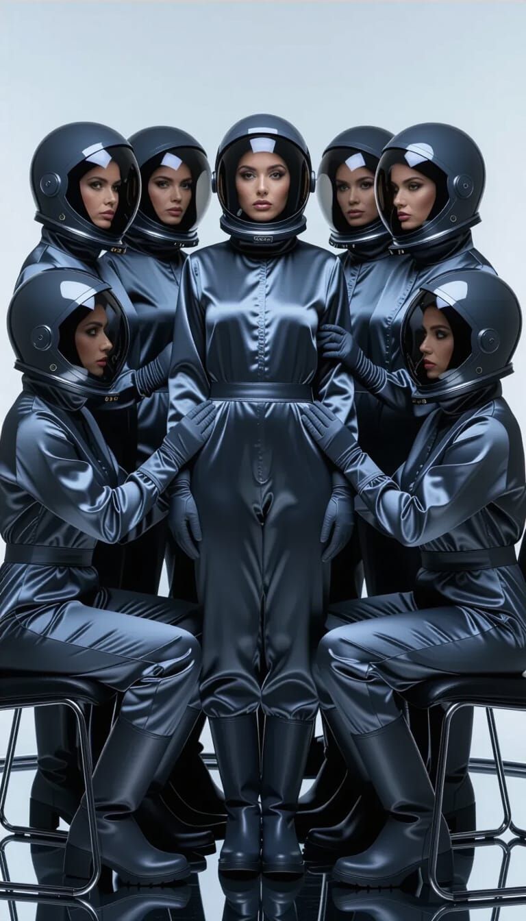 Women In Identical Space Suits Helping Each Other Dress
